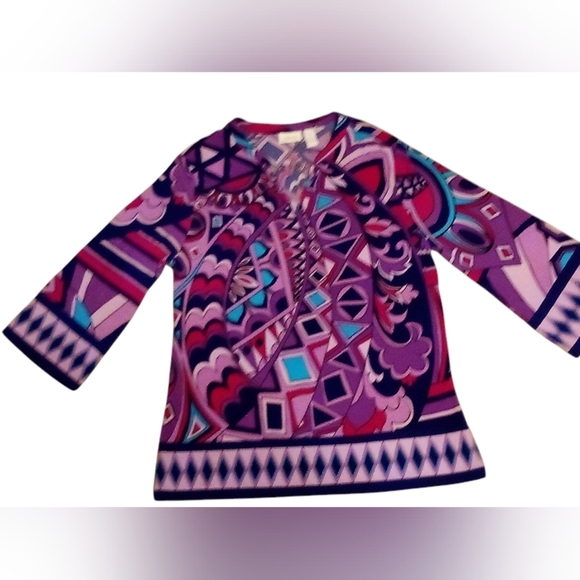 Chico's - Multi Colored Abstract Blouse, 3/4 Bell Sleeves, Size 1, V-neck, - Picture 7 of 8